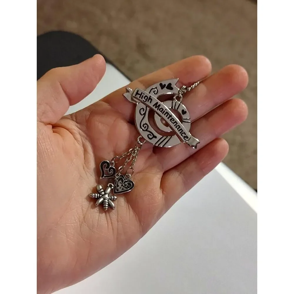 VTG Style High Maintenance Silver Tone Heart Flower Swirl Ribbon Charm Keychain